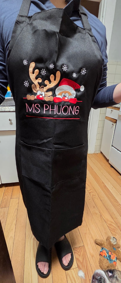 Embroidered Santa and Rudolph Apron