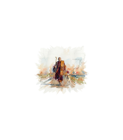Monks Walk for Peace - Monk w/dog (Bhikkhu Pannakara + Aloka) watercolor art